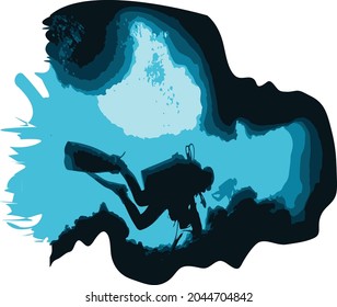 Vector flat style illustration of a scuba diver diving under the sea. 