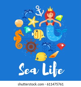 Vector flat style illustration of sea life. Icon for web.