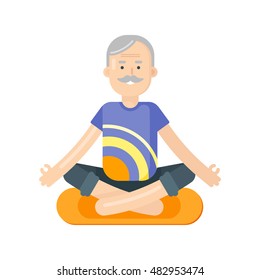 Vector flat style illustration of senior man doing yoga. Grandfather in lotus position. Isolated on white background. Healthy lifestyle. 