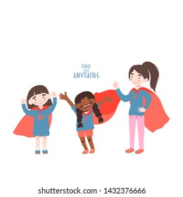 Vector flat style illustration.  Set of  cartoon characters cute girls in superheroes costume. Feminism concept – women can do anything for party, invitations, web, print. 