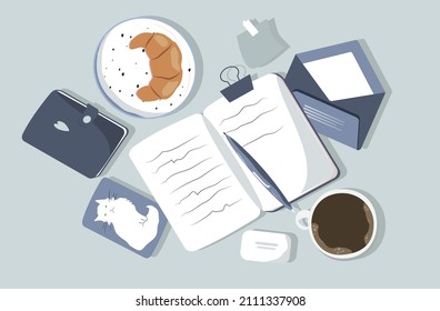 vector flat style illustration - set of cute stationery items (notebooks, diaries, pens, calendar, envelops, postcard) in blue colors