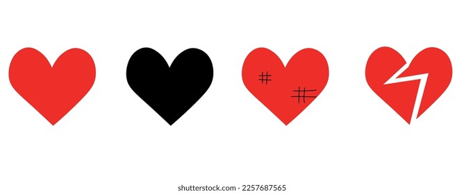 Vector flat style illustration set collection of 3 hearts isolated on white background - contour, red silhouette and broken heart. High quality full editable eps file available.