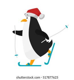 Vector flat style illustration of skiing penguin in Santa hat. Isolated on white background.