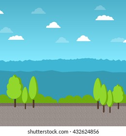 Vector flat style illustration with sky and clouds, trees, mountains