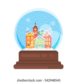 Vector flat style illustration of snow globe house new year and xmas glass ball. Icon for web. Isolated on white background.