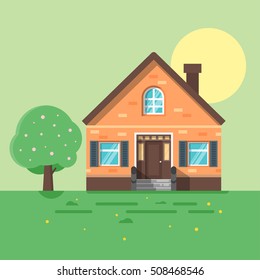 Vector Flat Style Illustration Of Spring House. Icon For Web. 