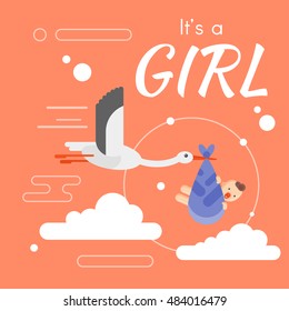 Vector flat style illustration of stork caring a newborn baby in the sky. Template for greeting card. Inscription "It's a girl".