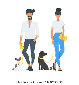 Vector flat style illustration of street fashion people, man and woman with dogs. Isolated on white background. Minimalism design.