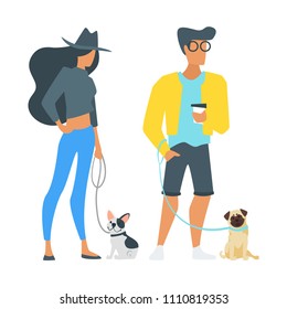 Vector flat style illustration of street fashion people, man and woman with dogs. Isolated on white background. Minimalism design.