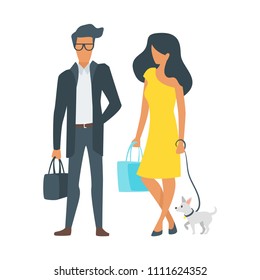 Vector flat style illustration of street fashion people, man and woman with dogs. Isolated on white background. Minimalism design.