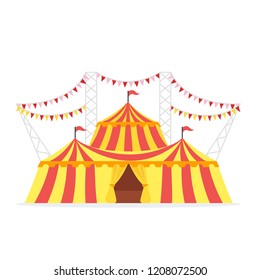 Vector flat style illustration of striped big circus tent. Isolated on white background. Icon for web.
