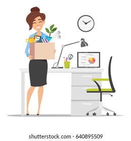 Vector flat style illustration of successful smiling business woman holding cardboard box with work stuff at a new workplace. New job concept. Isolated on white background. 