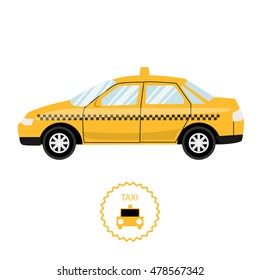 Vector flat style illustration of a taxi cab isolated on white background. Modern flat style image of a yellow taxi car.