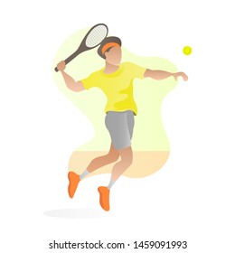 Vector flat style illustration - Tennis player hit the ball with forehand shot. Cute character and fresh color style.