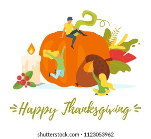 Vector flat style illustration of Thanksgiving symbols with people silhouettes in different poses. Minimalism design with exaggerated objects. Floral elements at background. greeting card template.
