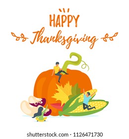 Vector flat style illustration of Thanksgiving symbols with people silhouettes in different poses. Minimalism design with exaggerated objects. Floral elements at background. greeting card template.
