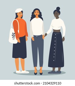 vector flat style  illustration - three young beautiful female students of different races in fashionable clothes