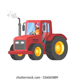 Vector flat style illustration of tractor-driver.  Isolated on white background.