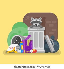 Vector Flat Style Illustration Of Trash With Raccoon. Spoiled Food. Icon For Web.