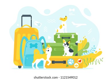 Vector flat style illustration of travel suitcases and backpack with dogs. Travelling with animals concept.  Minimalism design with exaggerated objects. Floral elements at background.