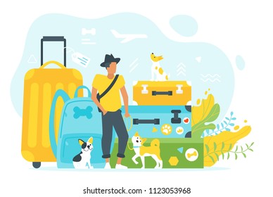 Vector flat style illustration of travel suitcases and backpack with dogs and young man. Travelling with animals concept.  Minimalism design with exaggerated objects. Floral elements at background.