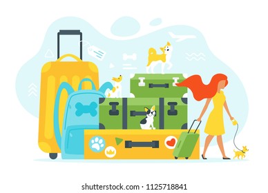 Vector flat style illustration of travel suitcases and backpack with dogs and young woman. Travelling with animals concept.  Minimalism design with exaggerated objects. Floral elements at background. 