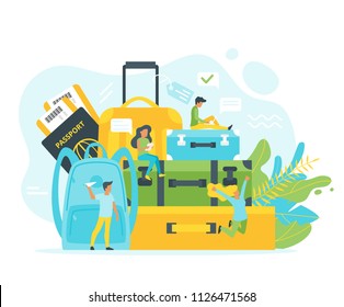 Vector flat style illustration of travel suitcases and backpack with people in different poses. Minimalism design with exaggerated objects. Floral elements at background. Tourism concept.