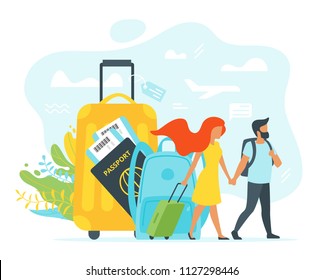 Vector flat style illustration of travel suitcases and backpack with loving newlyweds.  Minimalism design with exaggerated objects. Floral elements at background. Honeymoon concept.