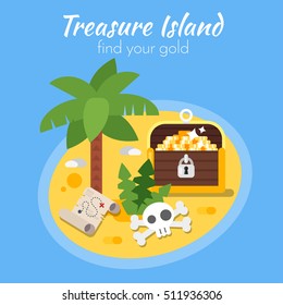 Vector flat style illustration of treasure Island and map. Board game icon.
