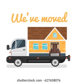 Vector flat style illustration of truck with house instead of truck bodywork. Concept for home moving. Isolated on white background. 