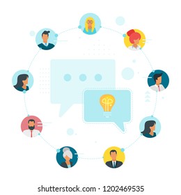 Vector flat style illustration of two speech bubbles and idea sign. Businessman avatars around - concept of people talk and networking. Minimalism design with silhouettes.