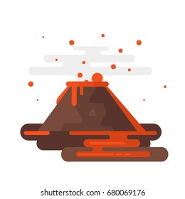 Vector flat style illustration of volcano eruption with smoke and lava. Isolated on white background.