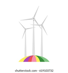 Vector flat style illustration of wind mill on colorful field. Icon for web. Isolated on white background.