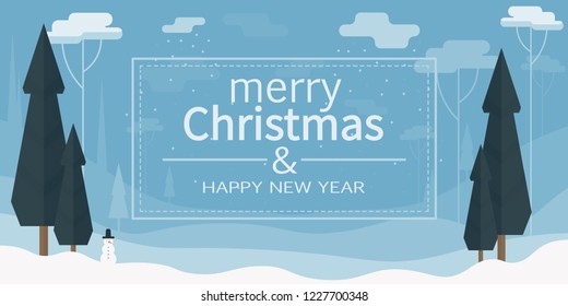 Vector flat style illustration. Winter snowy landscape with greeting text: Merry christmas and happy new year