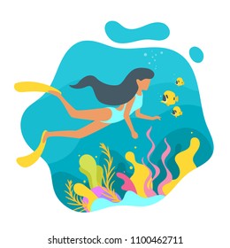 Vector flat style illustration of a woman diving under the sea. Underwater background with sea flora and fauna. Coral reef, sea plants and fishes. Minimalism design.