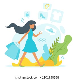 Vector flat style illustration of a woman making online shopping and walking outdoor. Chat windows and bought goods inside. Minimalism design with exaggerated objects.
