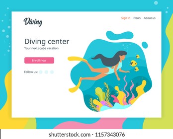 Vector flat style illustration of a woman diving under the sea. Underwater background with sea flora and fauna. Coral reef, sea plants and fishes. Minimalism design. Landing page template.