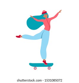 Vector flat style illustration of  woman skater silhouette. Minimalism design. Isolated on white background