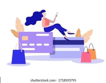 Vector flat style illustration, woman with smartphone makes online shopping sitting on a big credit card Credit card icon. Minimalism design with exaggerated objects. Online payment concept. svg