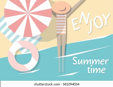 Vector flat style illustration woman on the beach in the striped swimsuit