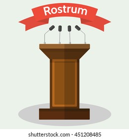 Vector flat style Illustration of wooden podium tribune rostrum with with microphones.