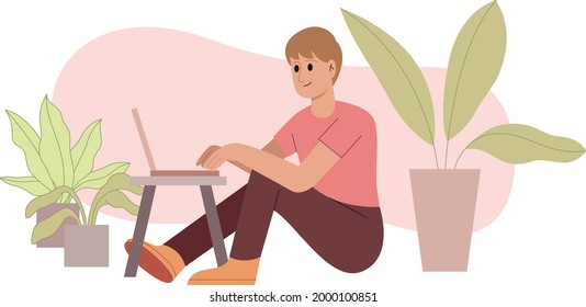 Vector flat style illustration. Working from home, working space, concept illustration. Young people, man and woman freelancers working on laptops and computers at home. 