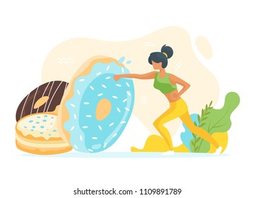 Vector flat style illustration of young fit sporty woman beats unhealthy doughnuts. Losing weight and healthy lifestyle concept. Design with exaggerated objects. 