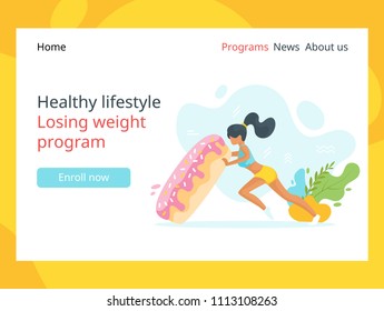 Vector flat style illustration of young fit sporty woman flipping big doughnut like a crossfit tyre. Losing weight concept. Healthy lifestyle landing page template. Design with exaggerated objects. 