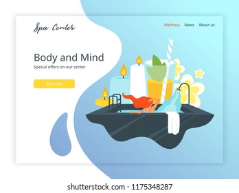 Vector flat style illustration of young woman in spa salon, taking bath. Aromatherapy candles, flowers and fresh cocktail at the background. Landing page template.