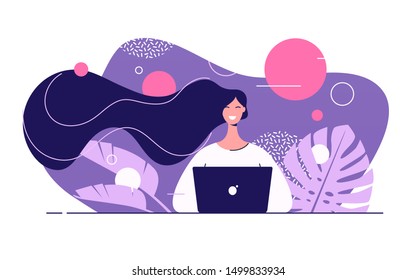 Vector flat style illustration of a young beautiful woman with laptop surrounded by tropical leaves.