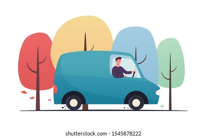 Vector flat style illustration of a young man driving by the van through the autumn forest.
