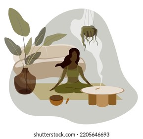 Vector flat style illustration. Young black woman with croosed legs meditating in yoga lotus posture at home. Meditation practice. Concept of zen and harmony.