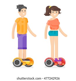 Vector flat style illustration of young man and woman riding an battery-powered electric vehicle. Self-balancing scooter. Isolated on white background. Modern ecological transport. 