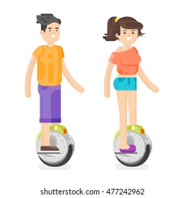 Vector flat style illustration of young man and woman riding an battery-powered electric unicycle scooter. Isolated on white background. Modern ecological transport. 